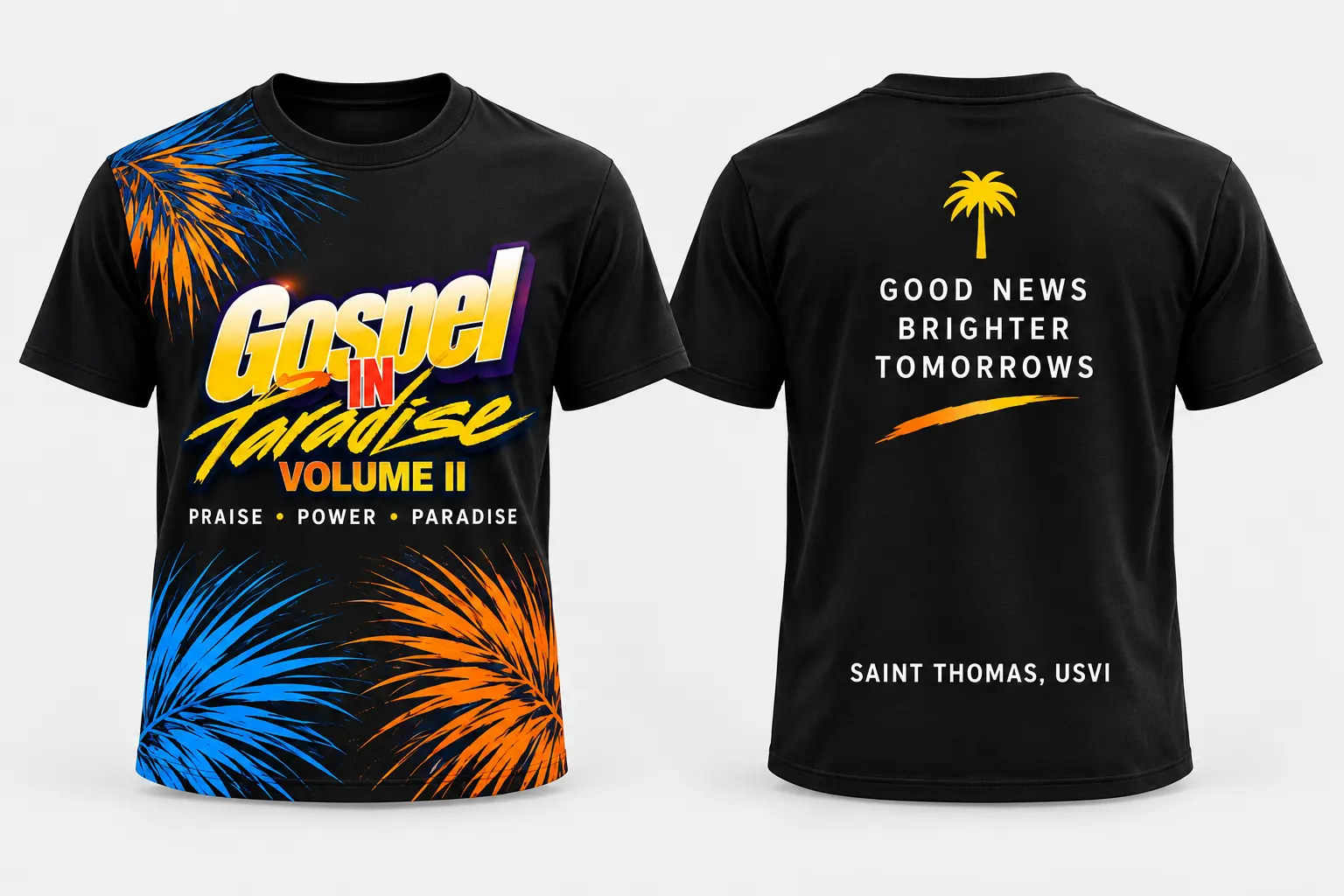 Camiseta negra de Gospel in Paradise Volumen II, vista por delante y por detrás