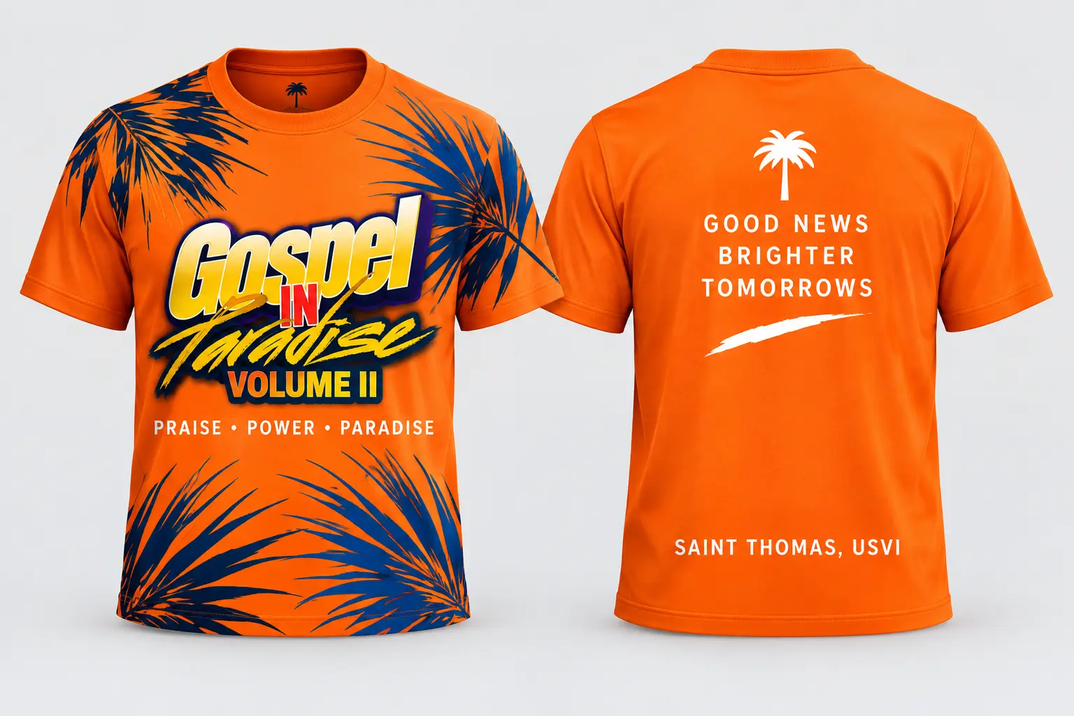 Camiseta naranja de Gospel in Paradise Volumen II vista por delante y por detrás